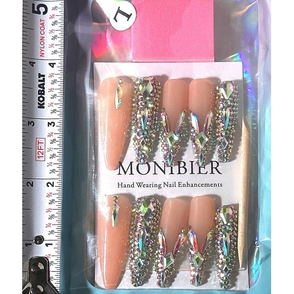 MONIBIER Nude AB‎ Rhinestone Luxury Press On Nails Coffin Large 3D - Picture 2 of 2